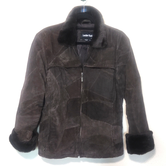 Leather Works Vintage Genuine Leather Patchwork Faux Fur Trim  Brown Size Small - Picture 12 of 12